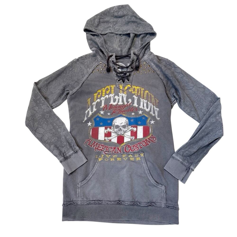 Affliction Sweatshirt Lace Up Studded Skull Grunge Hoodie Logo USA Size Medium